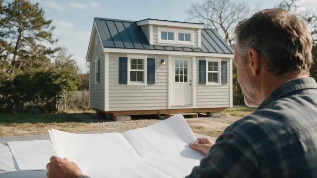 Homeowner reviewing plans beside a small cottage on a permanent foundation in Delaware