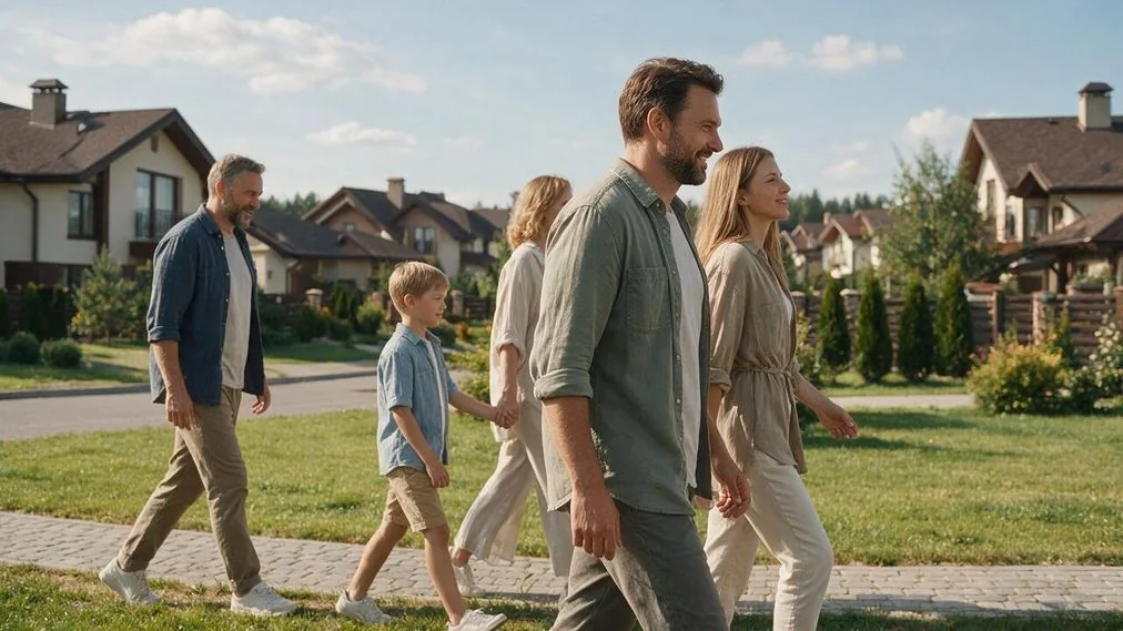 Homeowners walking past a well-maintained cottage village with small homes around shared green space.