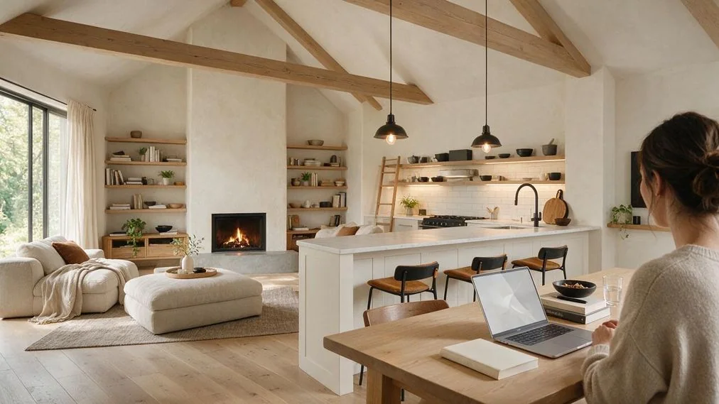 Compact 600 square foot cottage interior with open living area, small kitchen, and natural light