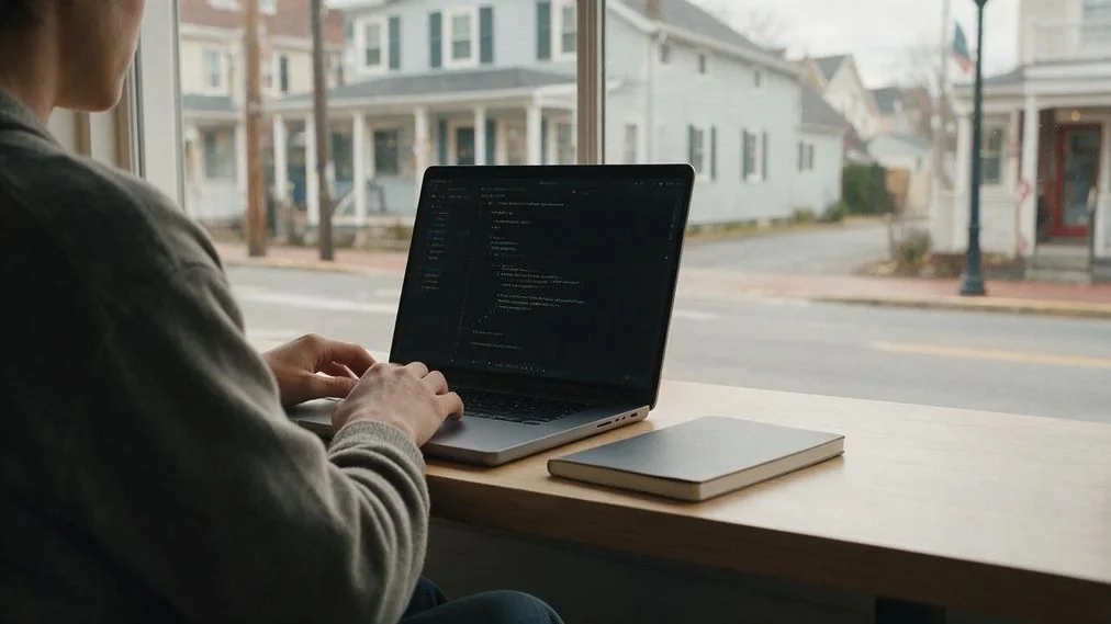Person using a laptop beside a window overlooking a streetscape of small buildings