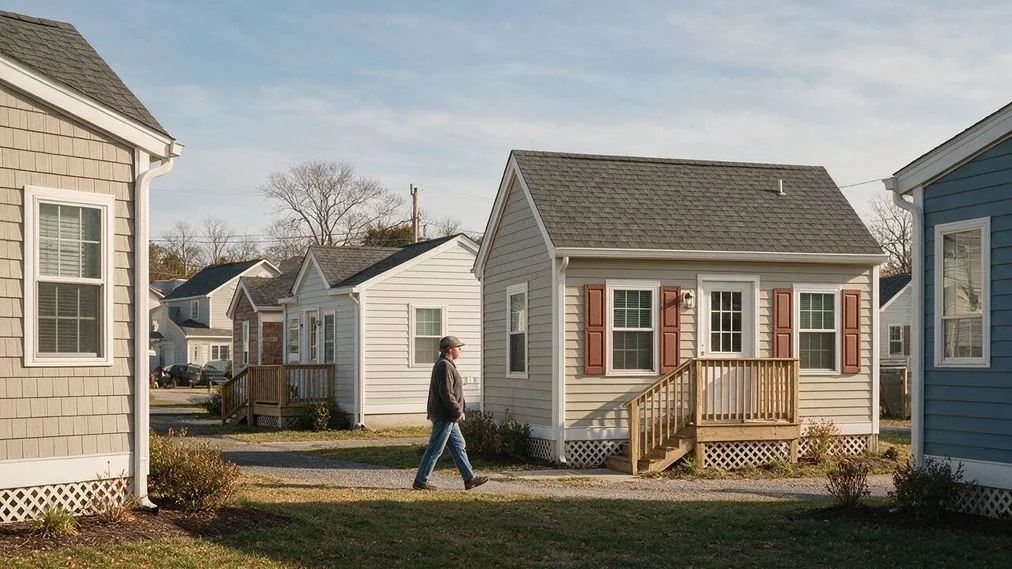 Compact coastal cottage community in Delaware with small homes and a person walking nearby