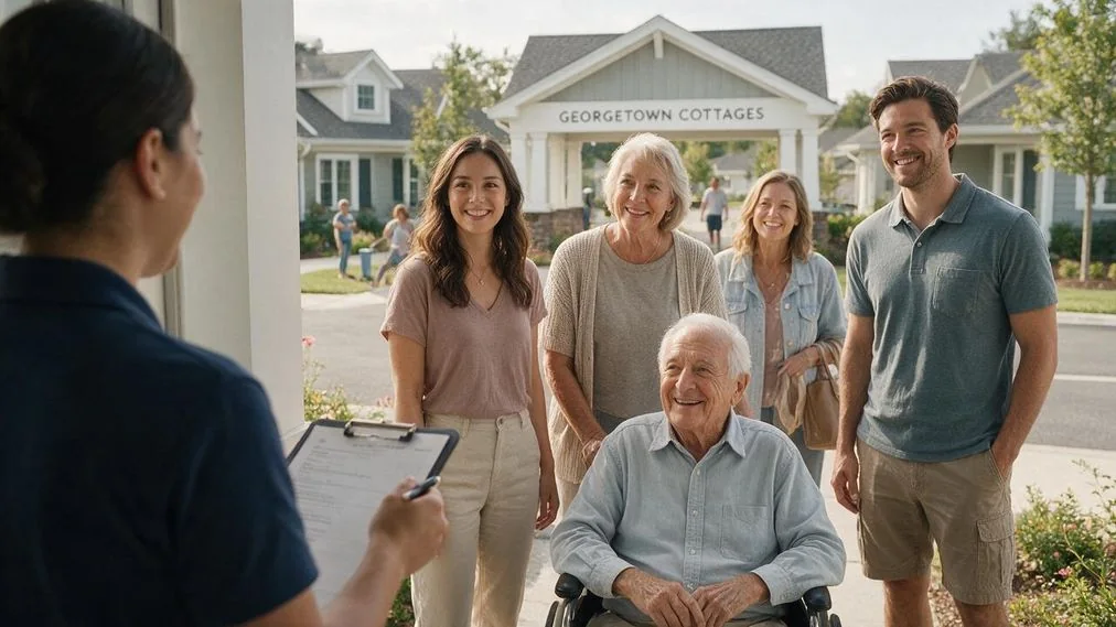 Prospective residents outside cottage homes at Market Street Village in Georgetown, Delaware